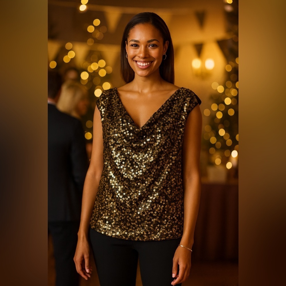 Michael Kors Gold Sequin Cap Sleeves Cowl Neck Blouse Holiday Party Top Size 1X